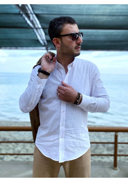 Slimfit Beyaz Keten Düğmeli Yaka Gömlek