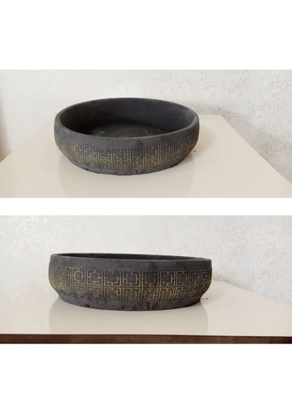 2 Adet Beton Aranjman ve Bonsai Saksısı Kare Desen Ağız Çap 25-30 cm Çap Antrasit Gold