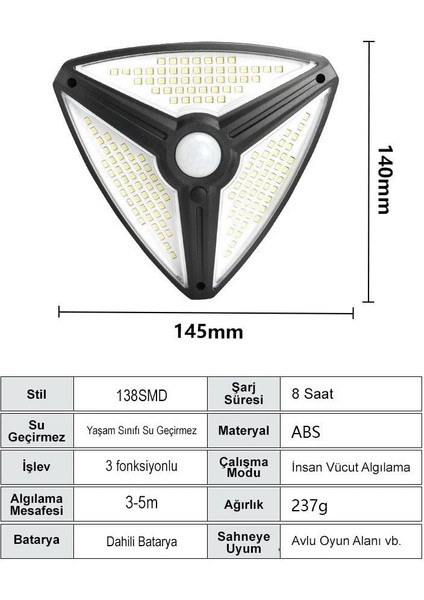 138 Ledli Solar Interakson Lambası Bahçe Aydınlatması 3 Mod Akıllı LED Aydınlatma