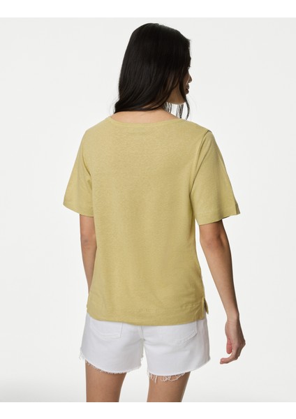 Marks & Spencer Kısa Kollu V Yaka Keten T-Shirt