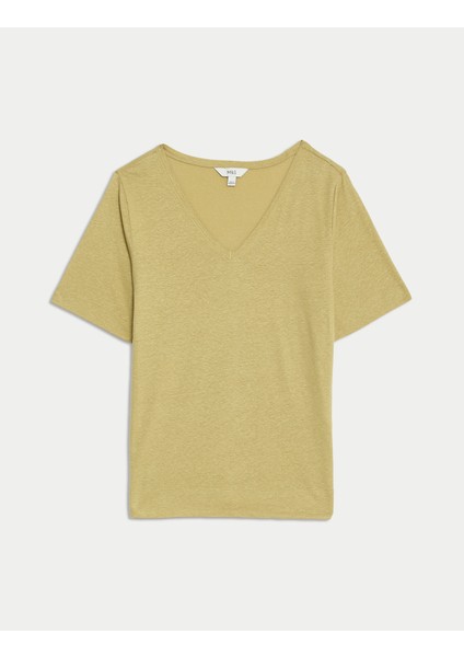 Marks & Spencer Kısa Kollu V Yaka Keten T-Shirt