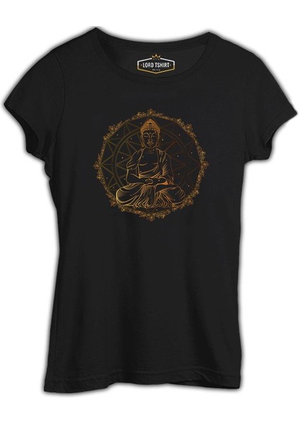 Ruhun Huzuru - Altın Budha ve Mandala Siyah Bayan Tshirt