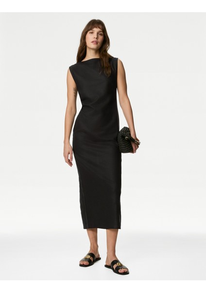 Regular Fit Midi Keten Elbise