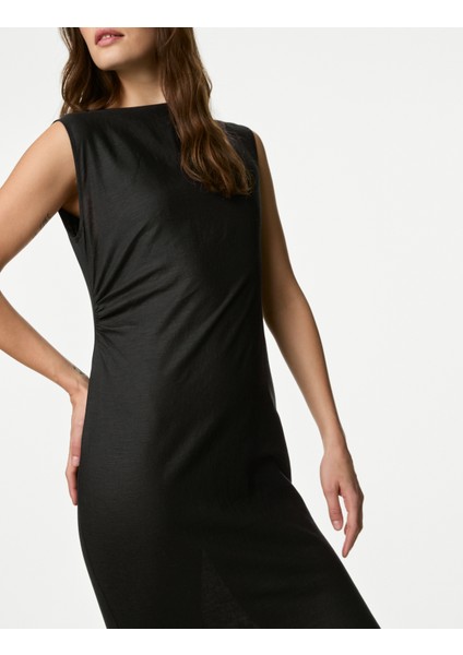 Regular Fit Midi Keten Elbise