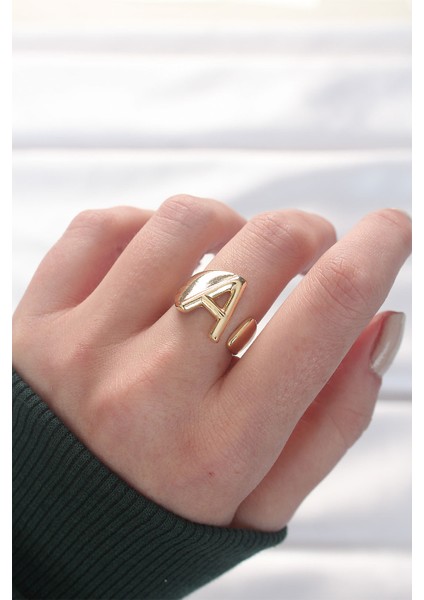 A Harfli Altın Renk Ayarlanabilir Yüzük