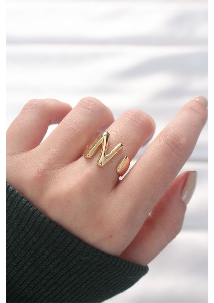 N Harfli Altın Renk Ayarlanabilir ÇELİK Yüzük