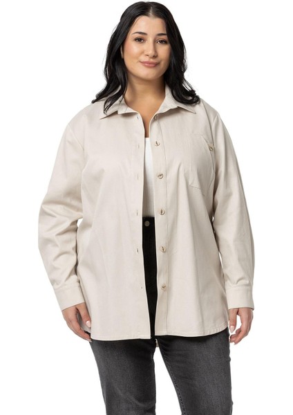 Büyük Beden Cep Detaylı Gabardin Bej Rengi Ceket Gömlek