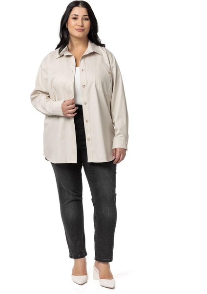 Büyük Beden Cep Detaylı Gabardin Bej Rengi Ceket Gömlek fiyatları