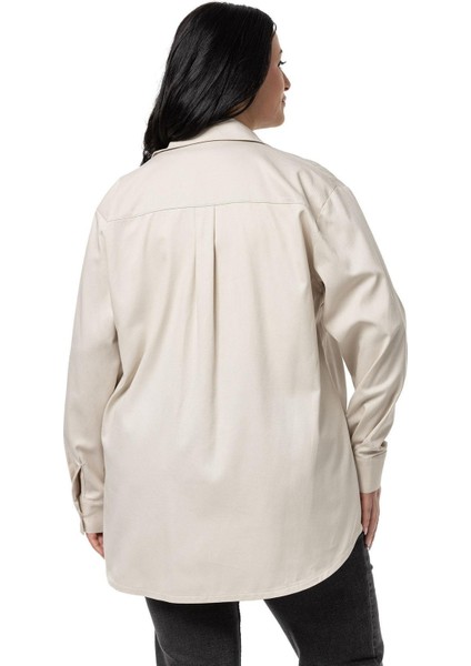 Büyük Beden Cep Detaylı Gabardin Bej Rengi Ceket Gömlek modelleri