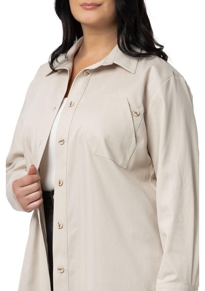 Büyük Beden Cep Detaylı Gabardin Bej Rengi Ceket Gömlek fırsatları