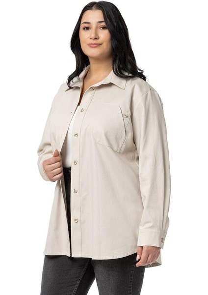 Büyük Beden Cep Detaylı Gabardin Bej Rengi Ceket Gömlek indirimleri