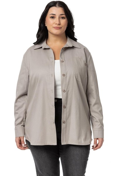 Büyük Beden Cep Detaylı Gabardin Taş Rengi Ceket Gömlek