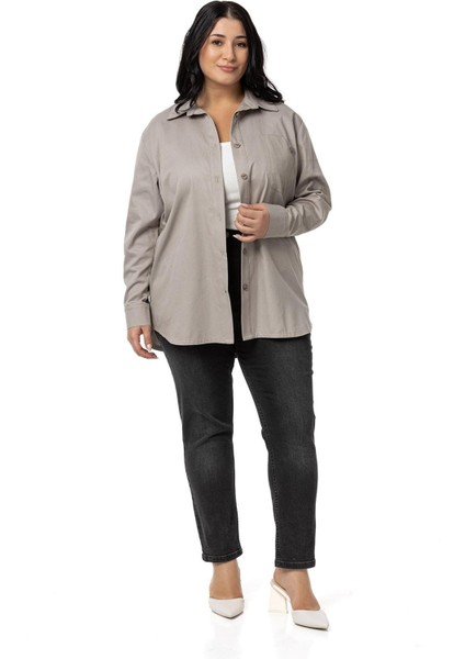 Büyük Beden Cep Detaylı Gabardin Taş Rengi Ceket Gömlek fiyatları