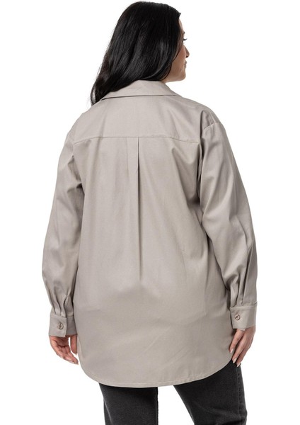 Büyük Beden Cep Detaylı Gabardin Taş Rengi Ceket Gömlek modelleri