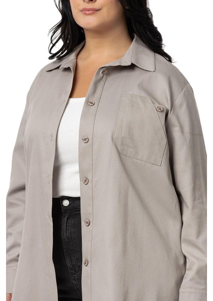 Büyük Beden Cep Detaylı Gabardin Taş Rengi Ceket Gömlek fırsatları