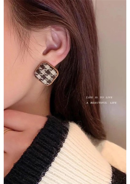 Fransız Kare Damalı Kumaş Tasarım Küpe