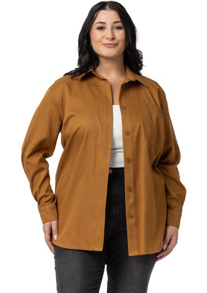 Büyük Beden Cep Detaylı Gabardin Tarçın Ceket Gömlek