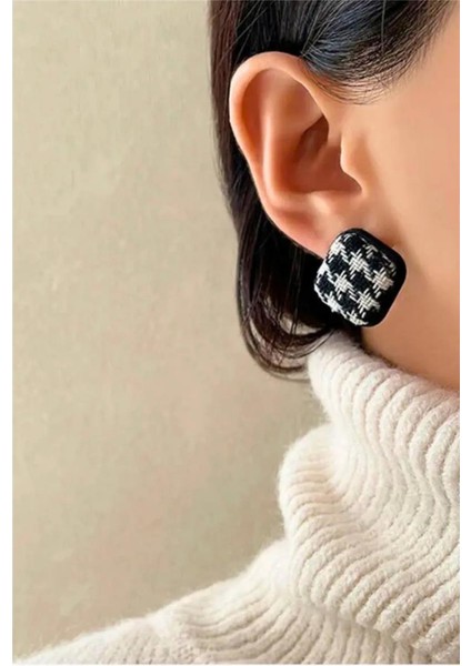 Fransız Kare Damalı Kumaş Tasarım Küpe