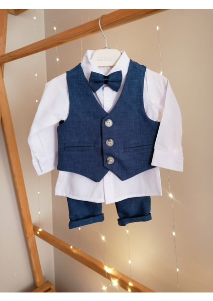 Papyonlu Yelekli Lacivert 4'lü Erkek Bebek Takım Özel Gün Kıyafeti Düğün Bebek Hediyesi