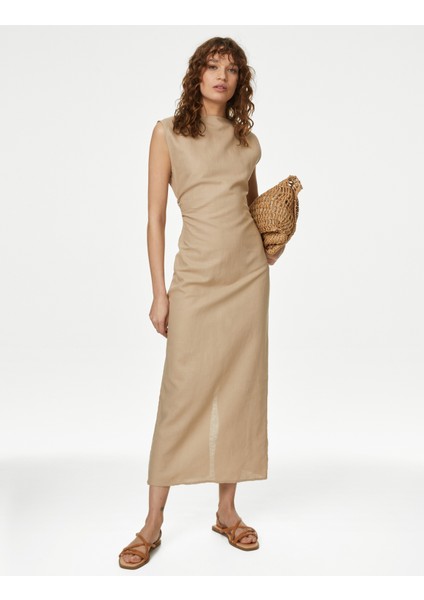 Regular Fit Midi Keten Elbise