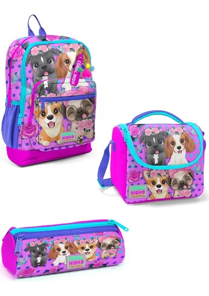 Pembe Köpek Desenli 3’lü Okul Çanta Seti