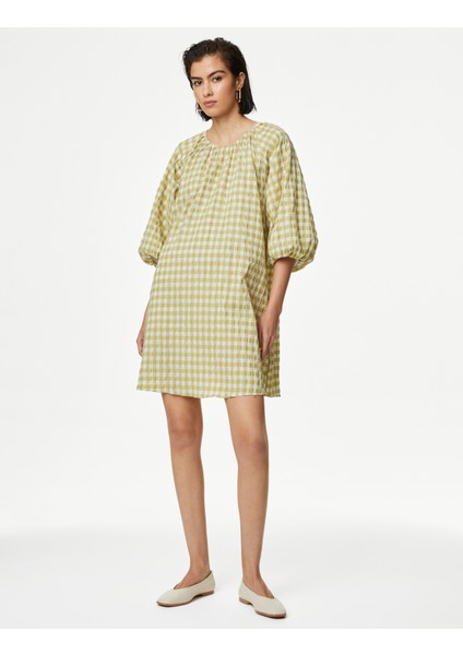 Ekose Desenli Mini Elbise