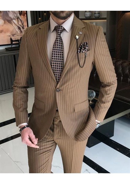 İtalyan stil 8 drop ceket pantolon takım elbise kahverengi T10674