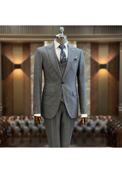 Italyan Stil Slim Fit 8 Drop Ceket Yelek Pantolon Takım Elbise Kahverengi T9979