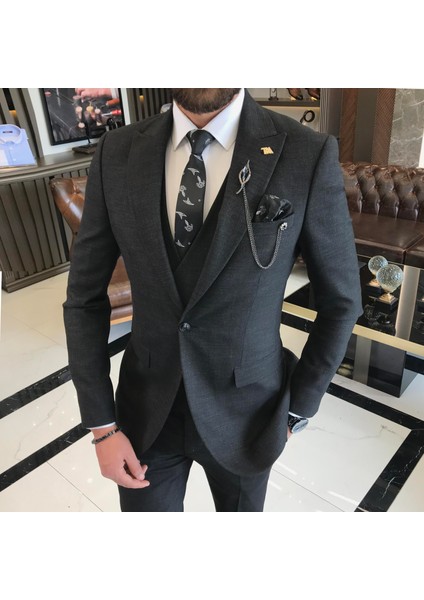 Italyan Stil Slim Fit 8 Drop Ceket Yelek Pantolon Takım Elbise Siyah T9977