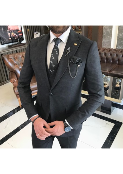 Italyan Stil Slim Fit 8 Drop Ceket Yelek Pantolon Takım Elbise Siyah T9977 modelleri