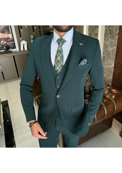 Italyan Stil Slim Fit 8 Drop Ceket Yelek Pantolon Takım Elbise Yeşil T10308