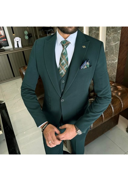Italyan Stil Slim Fit 8 Drop Ceket Yelek Pantolon Takım Elbise Yeşil T10308 fiyatları
