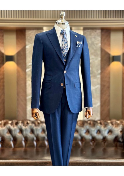 Italyan Stil Ekose Ceket Yelek Pantolon Takım Elbise Lacivert T10718