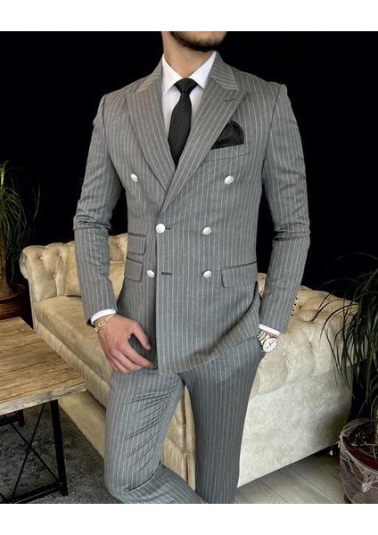 Italyan Stil 8 Drop Çizgili Kruvaze Ceket Pantolon Takım Elbise Gri T10705