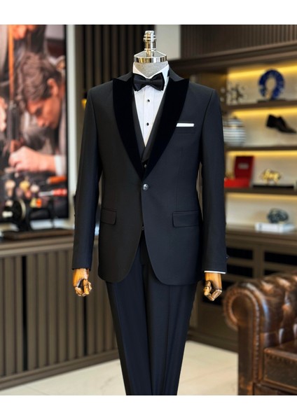 İtalyan kesim slim fit ceket yelek pantolon damatlık set Siyah T12309
