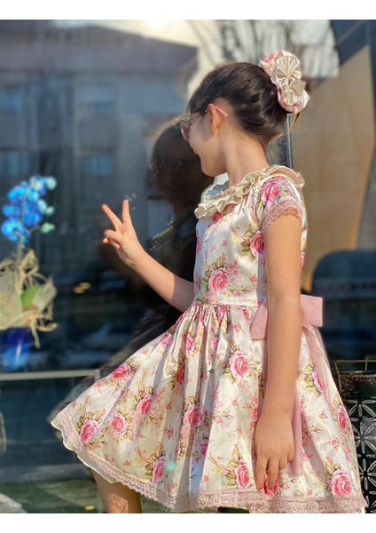 Kız Çocuk Çiçek Desenli Avangard Saray Elbisesi