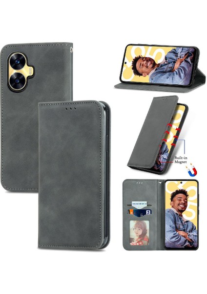 Realme C55 Için Kılıf Deri Çanta Kordon Cüzdan Basit Iş Fermuar (Yurt Dışından)