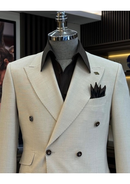 Italyan Stil Slim Fit Kruvaze Erkek Ceket Bej T12238 fiyatları
