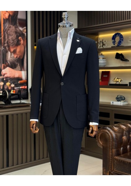 İtalyan stil slim fit torba cep erkek ceket siyah T12223