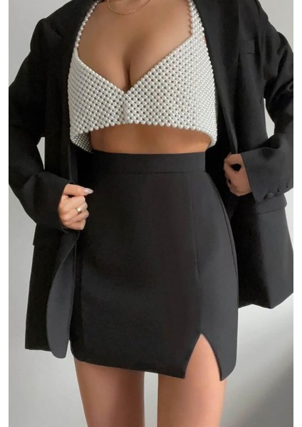 Siyah Yüksek Bel Önden Yırtmaçlı Kısa Etek MG2086 fiyatları