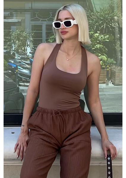 Kahverengi Halter Yaka Boyun Askılı Crop Body MG2146