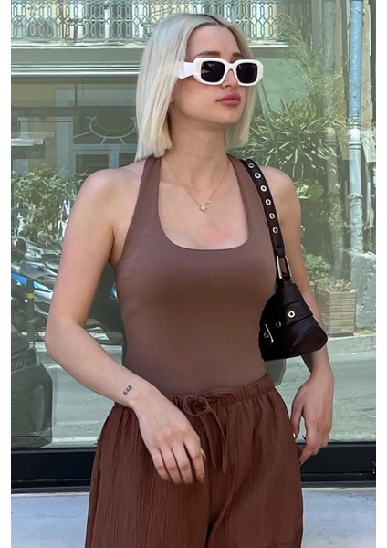 Kahverengi Halter Yaka Boyun Askılı Crop Body MG2146