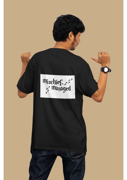 Mischief Siyah Pamuklu Oversize Tişört (Unisex) L