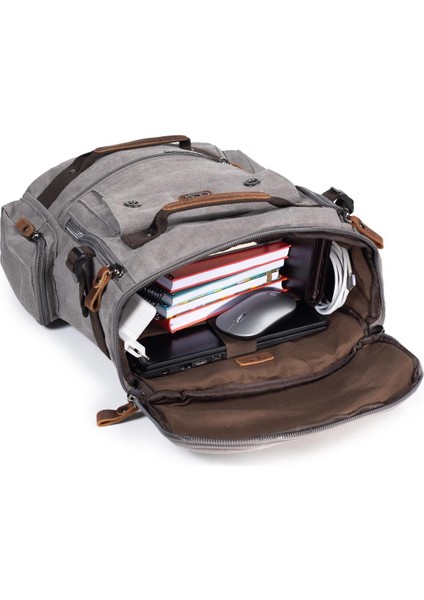 Kampçıların Vazgeçilmezi Çok Gözlü, Laptop Bölmeli Kanvas Kumaş Kamp Çantası Gri indirimleri