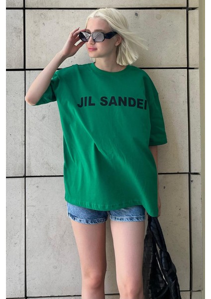 Yeşil Oversize Baskılı Bisiklet Yaka Kısa Kollu Tişört MG2126