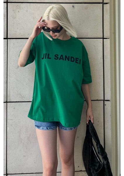 Yeşil Oversize Baskılı Bisiklet Yaka Kısa Kollu Tişört MG2126