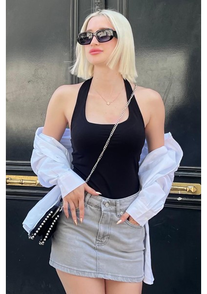 Siyah Halter Yaka Boyun Askılı Crop Body MG2146 fırsatları
