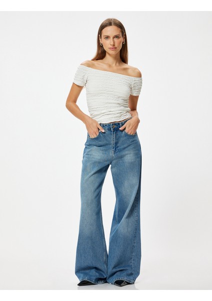 Madonna Yaka Tişört Dokulu Kısa Kollu Slim Fit