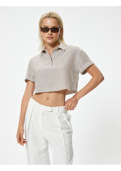 Kısa Kollu Crop Gömlek Yarım Düğme Detaylı modelleri