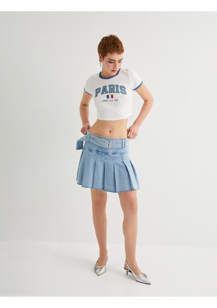 Pileli Kot Etek Mini Kemer Detaylı fiyatları